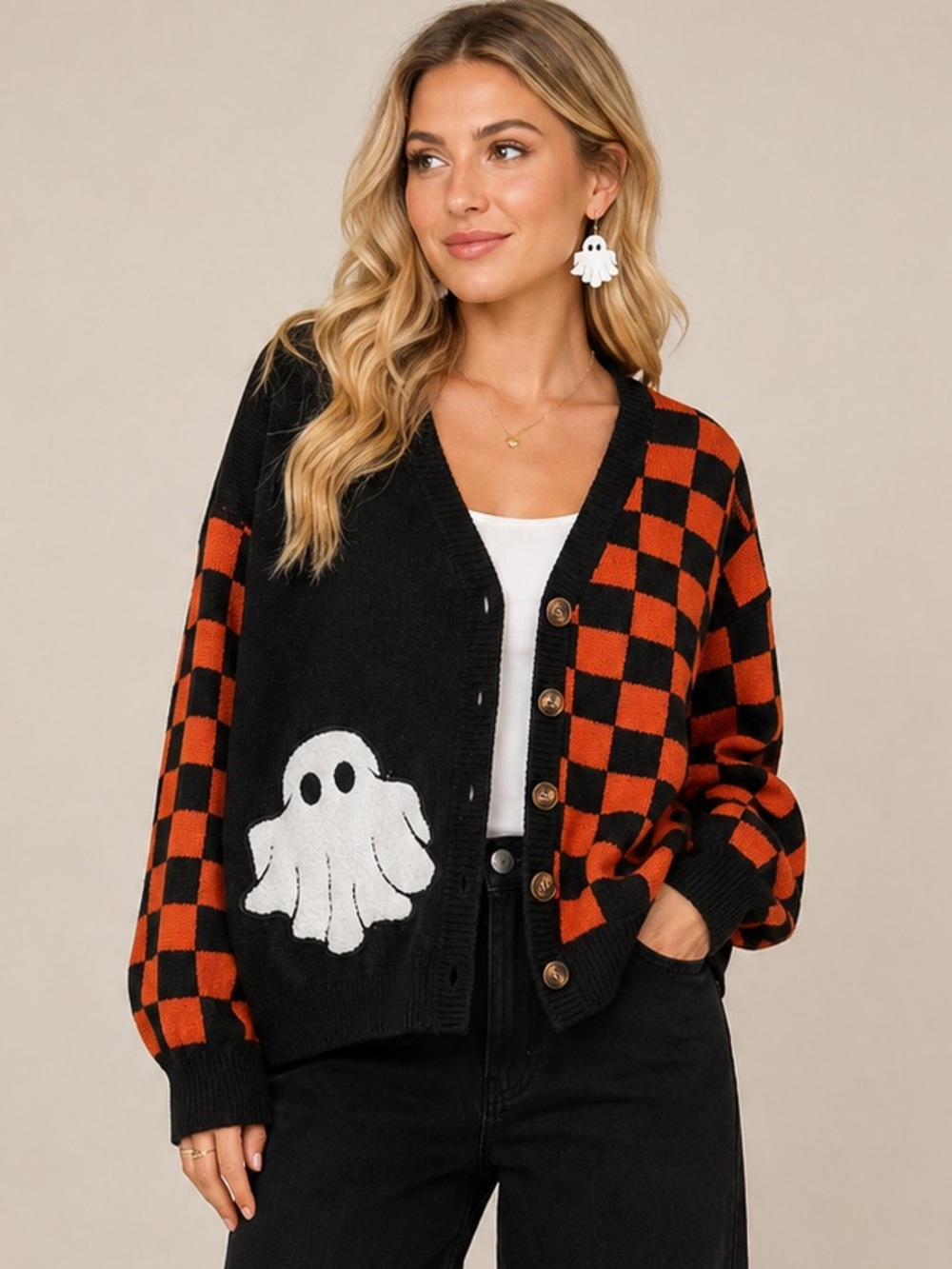 Halloween Ghost Checkerboard Cardigan – Black & Orange